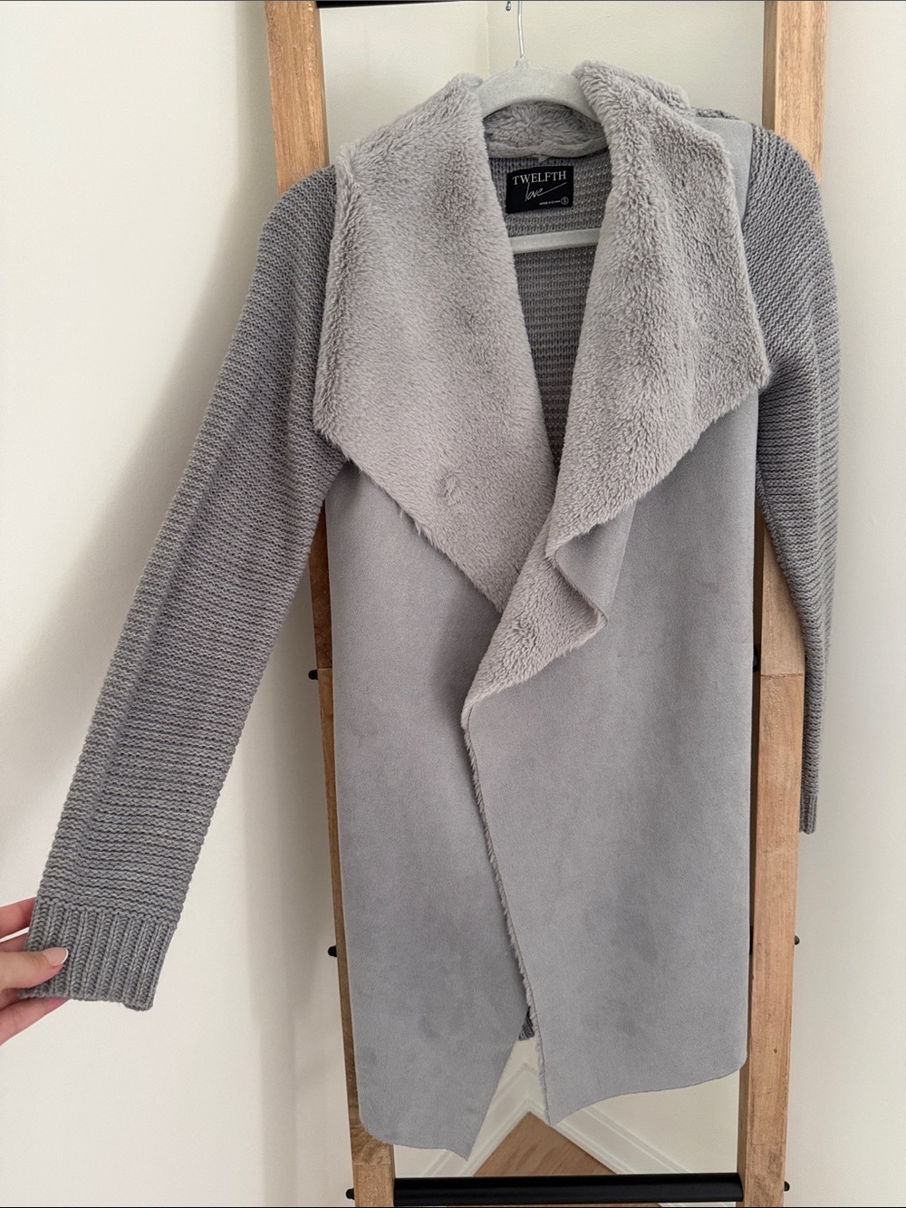 Gray Faux-Suede & Knit Draped Coat